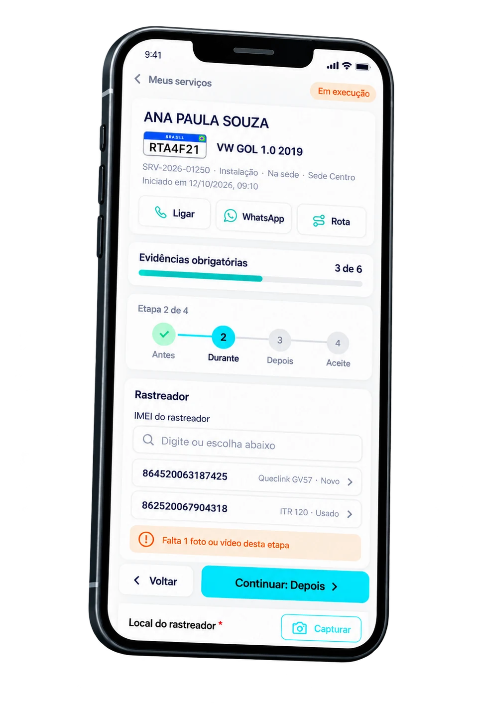 Mockup do AIR Técnico com um serviço em execução, dados do veículo, progresso das evidências, etapas e campo de IMEI